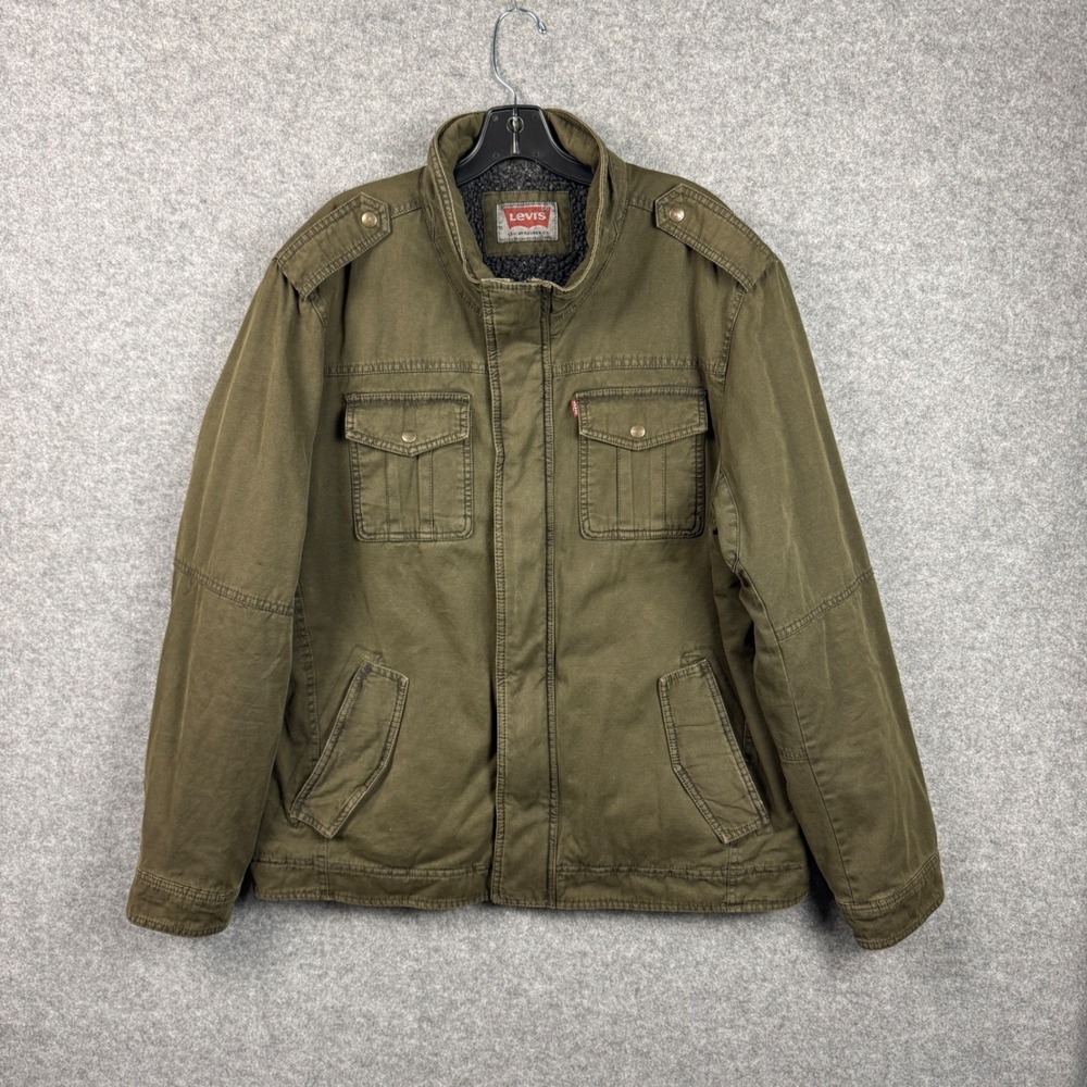 Levis Mens XL Sherpa Lined Military Field Jacket Olive Green Cotton Canvas Coat